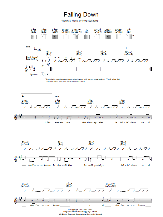 Oasis Falling Down sheet music notes and chords arranged for Piano, Vocal & Guitar Chords