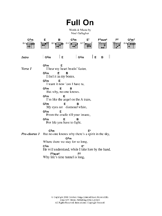 Oasis Full On sheet music notes and chords arranged for Guitar Chords/Lyrics
