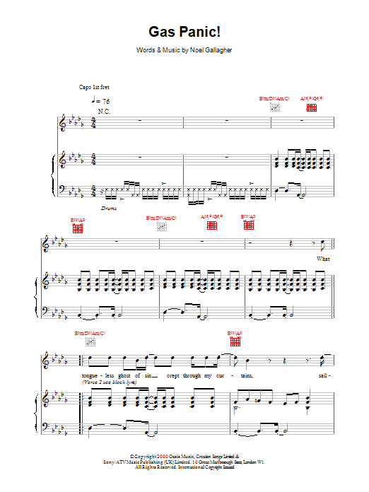 Oasis Gas Panic! sheet music notes and chords arranged for Piano, Vocal & Guitar Chords