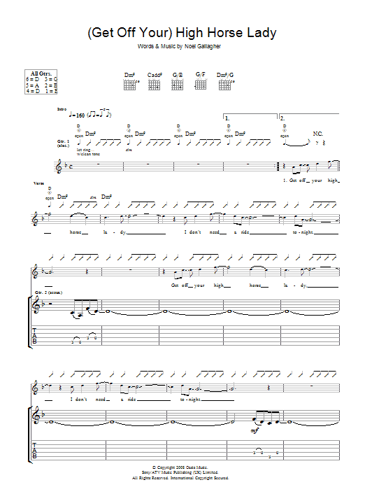 Oasis (Get Off Your) High Horse Lady sheet music notes and chords arranged for Piano, Vocal & Guitar Chords