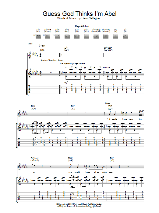 Oasis Guess God Thinks I'm Abel sheet music notes and chords arranged for Piano, Vocal & Guitar Chords