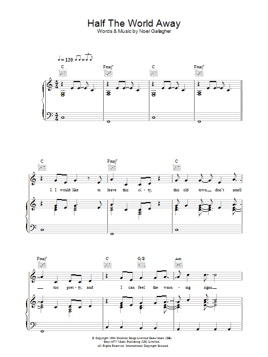 Oasis Half The World Away sheet music notes and chords arranged for Beginner Piano
