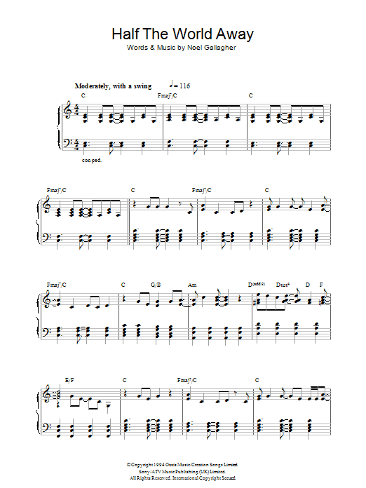 Oasis Half The World Away (theme from The Royle Family) sheet music notes and chords arranged for Piano Solo