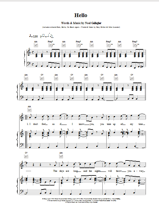 Oasis Hello sheet music notes and chords arranged for Piano, Vocal & Guitar Chords