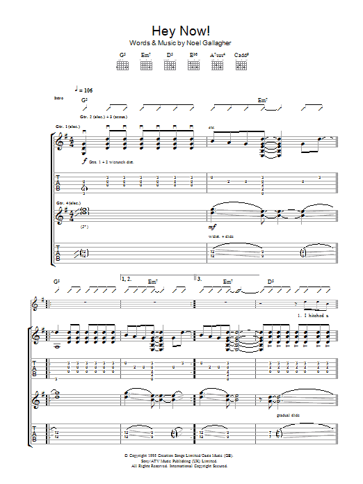 Oasis Hey Now sheet music notes and chords arranged for Guitar Tab