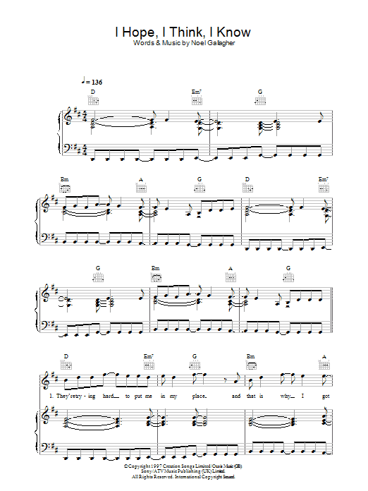 Oasis I Hope, I Think, I Know sheet music notes and chords arranged for Piano, Vocal & Guitar Chords