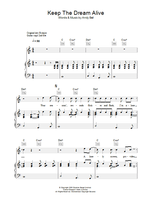 Oasis Keep The Dream Alive sheet music notes and chords arranged for Piano, Vocal & Guitar Chords