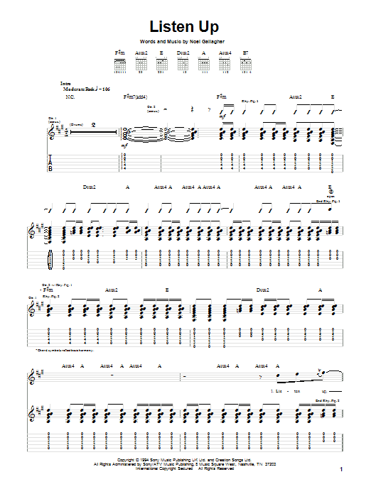 Oasis Listen Up sheet music notes and chords arranged for Easy Guitar Tab