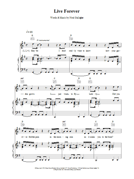 Oasis Live Forever sheet music notes and chords arranged for Piano Chords/Lyrics
