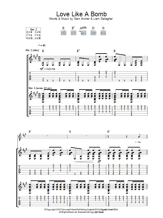 Oasis Love Like A Bomb sheet music notes and chords arranged for Piano, Vocal & Guitar Chords