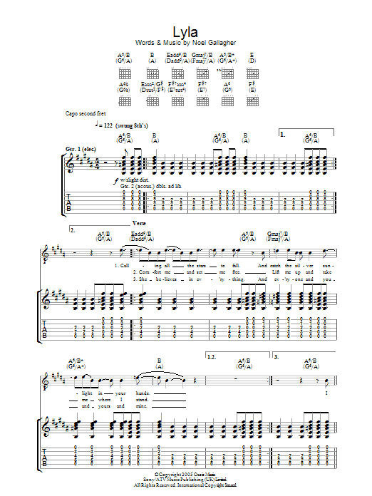 Oasis Lyla sheet music notes and chords arranged for Piano, Vocal & Guitar Chords