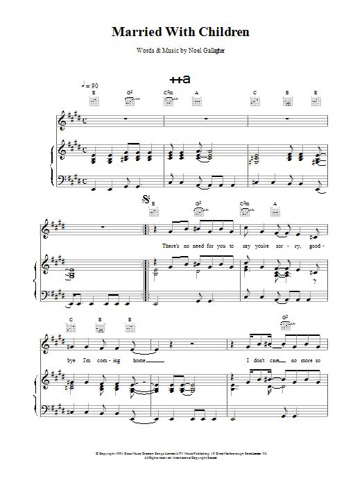 Oasis Married With Children sheet music notes and chords arranged for Piano, Vocal & Guitar Chords