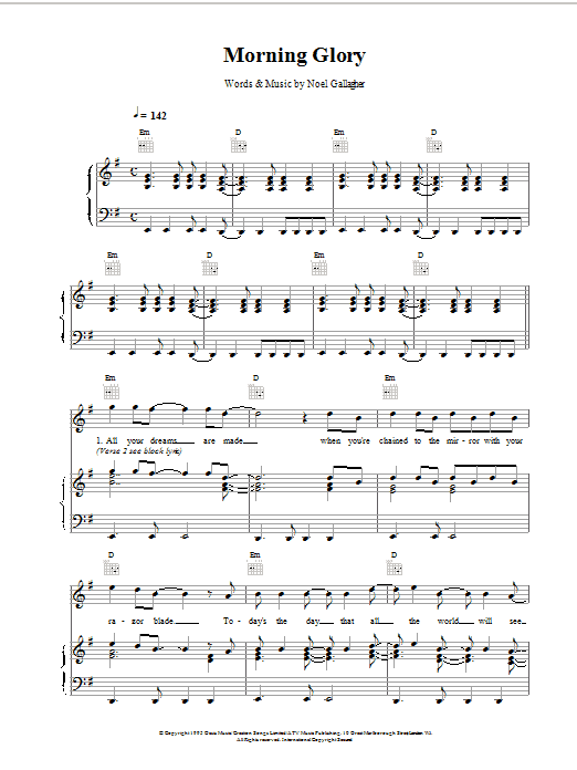 Oasis Morning Glory sheet music notes and chords arranged for Piano, Vocal & Guitar Chords
