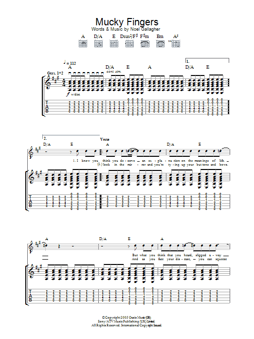 Oasis Mucky Fingers sheet music notes and chords arranged for Guitar Chords/Lyrics