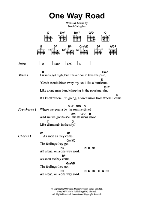 Oasis One Way Road sheet music notes and chords arranged for Guitar Chords/Lyrics
