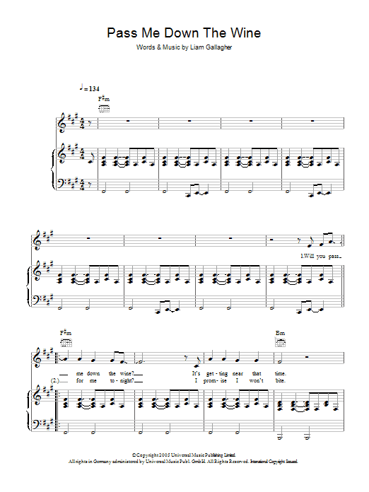 Oasis Pass Me Down The Wine sheet music notes and chords arranged for Guitar Chords/Lyrics