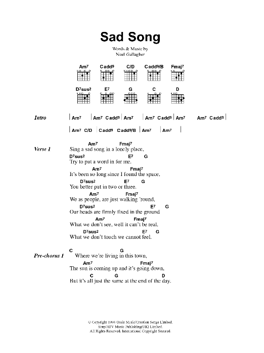 Oasis Sad Song sheet music notes and chords arranged for Guitar Chords/Lyrics