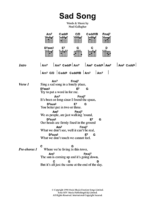 Oasis Sad Song sheet music notes and chords arranged for Guitar Chords/Lyrics