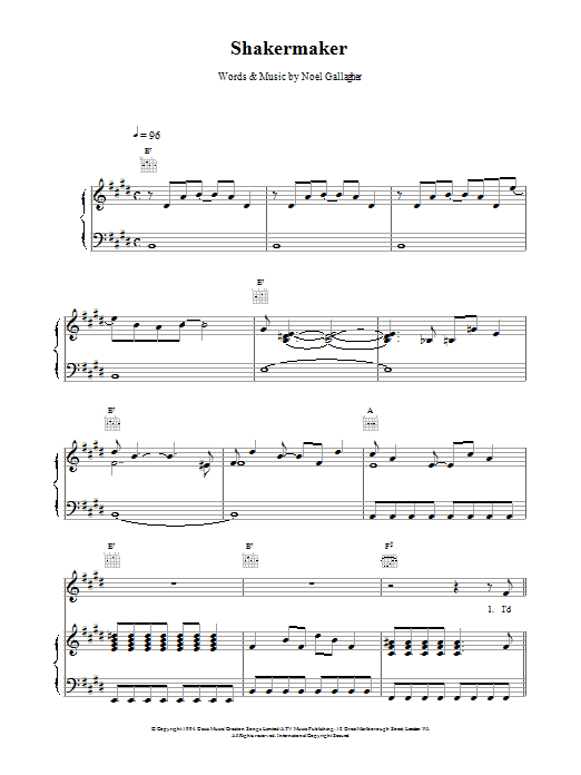 Oasis Shakermaker sheet music notes and chords arranged for Piano, Vocal & Guitar Chords