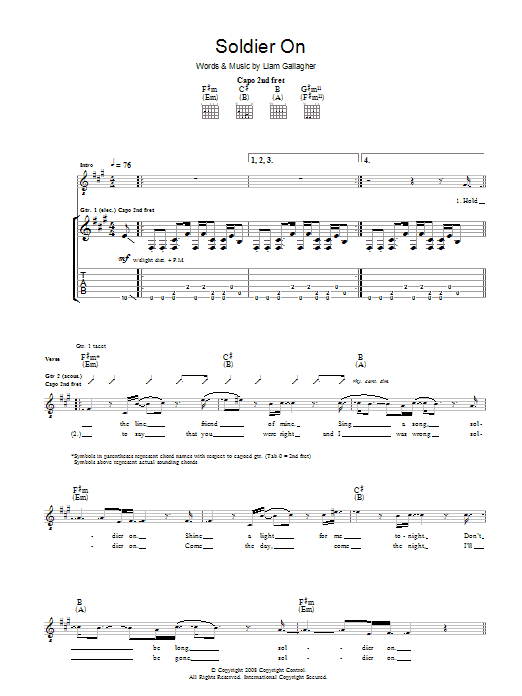 Oasis Soldier On sheet music notes and chords arranged for Piano, Vocal & Guitar Chords