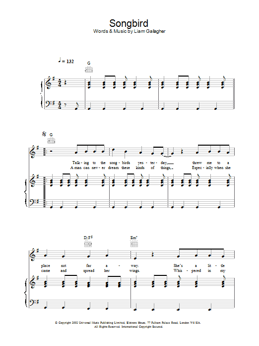 Oasis Songbird sheet music notes and chords. Download Printable PDF.