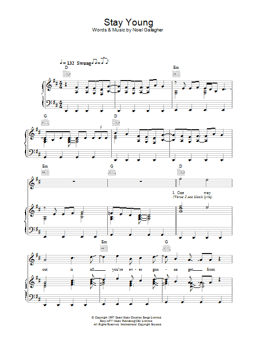 Oasis Stay Young sheet music notes and chords arranged for Piano, Vocal & Guitar Chords