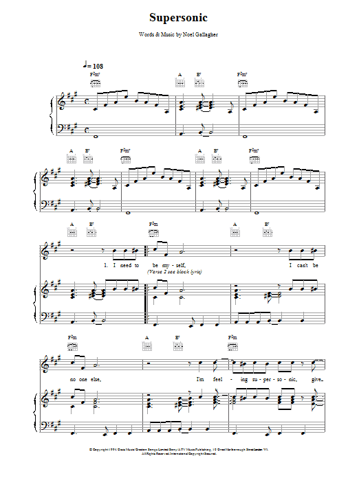 Oasis Supersonic sheet music notes and chords arranged for Piano Chords/Lyrics