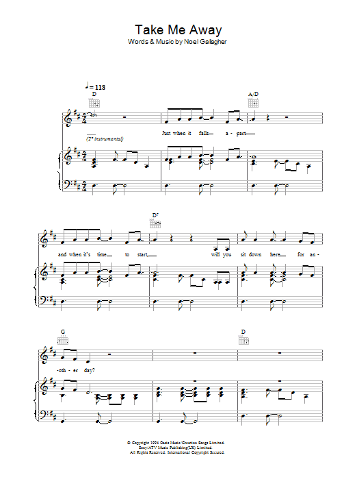 Oasis Take Me Away sheet music notes and chords arranged for Guitar Chords/Lyrics
