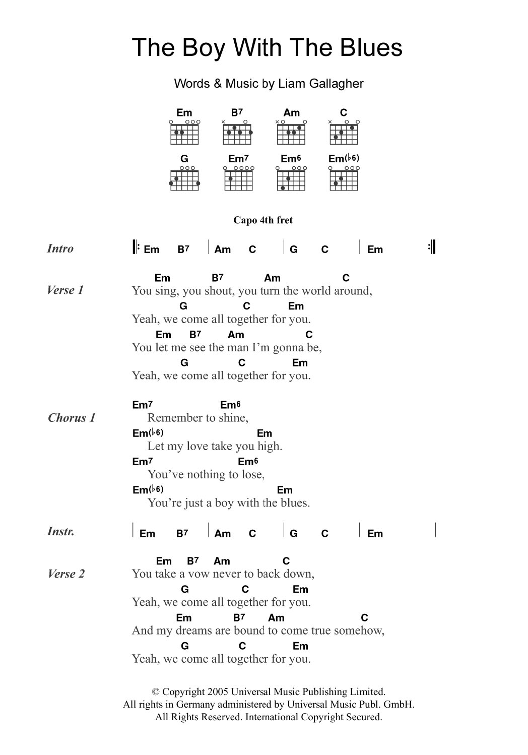 Oasis The Boy With The Blues sheet music notes and chords arranged for Guitar Chords/Lyrics