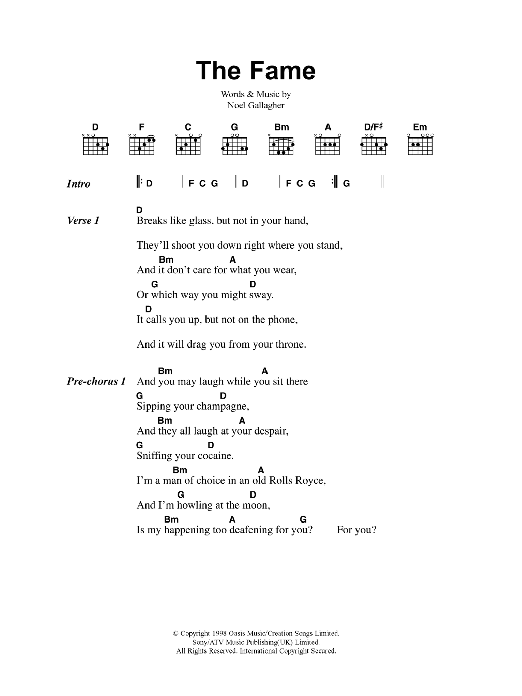 Oasis The Fame sheet music notes and chords arranged for Guitar Chords/Lyrics