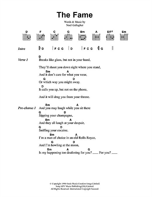 Oasis The Fame sheet music notes and chords arranged for Guitar Chords/Lyrics