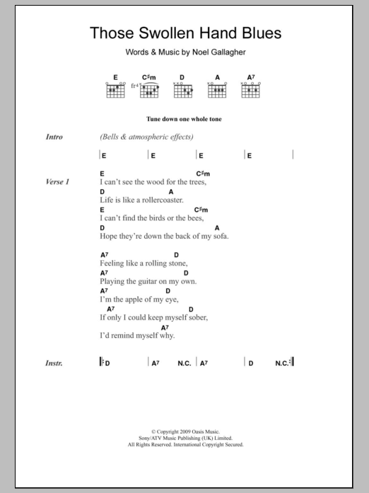 Oasis Those Swollen Hand Blues sheet music notes and chords arranged for Guitar Chords/Lyrics