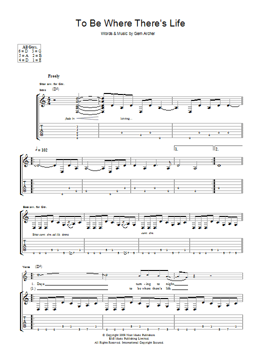 Oasis To Be Where There's Life sheet music notes and chords arranged for Piano, Vocal & Guitar Chords