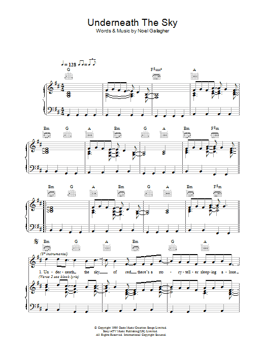 Oasis Underneath The Sky sheet music notes and chords arranged for Piano, Vocal & Guitar Chords