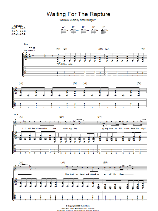 Oasis Waiting For The Rapture sheet music notes and chords arranged for Piano, Vocal & Guitar Chords