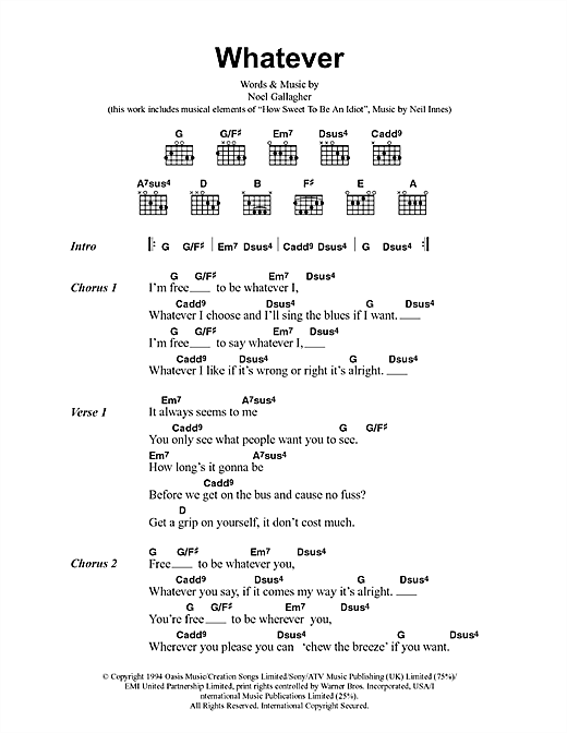 Oasis Whatever sheet music notes and chords arranged for Guitar Chords/Lyrics