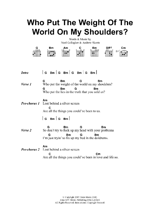 Oasis Who Put The Weight Of The World On My Shoulders? sheet music notes and chords arranged for Piano, Vocal & Guitar Chords