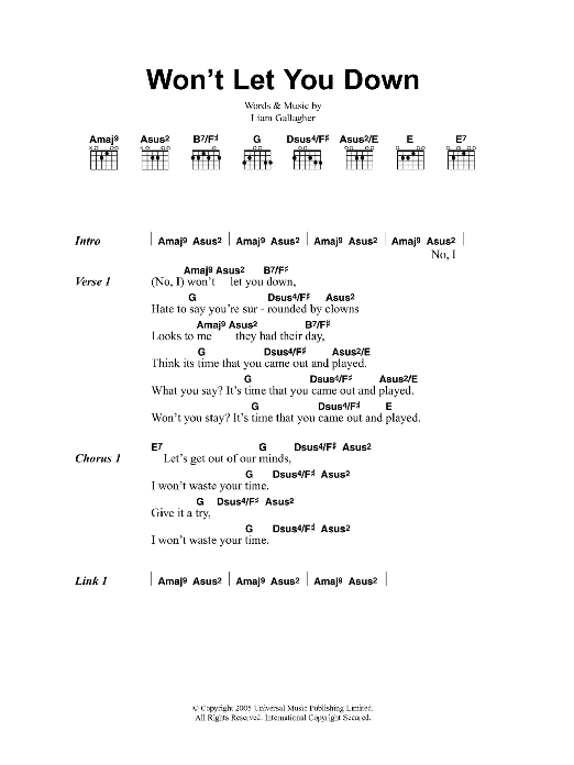 Oasis Won't Let You Down sheet music notes and chords arranged for Guitar Chords/Lyrics