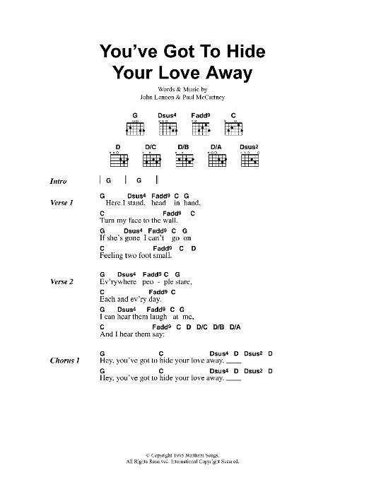 Oasis You've Got To Hide Your Love Away sheet music notes and chords arranged for Guitar Chords/Lyrics
