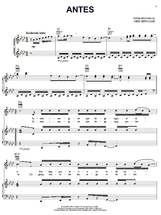 Obie Bermudez Antes sheet music notes and chords arranged for Piano, Vocal & Guitar Chords (Right-Hand Melody)