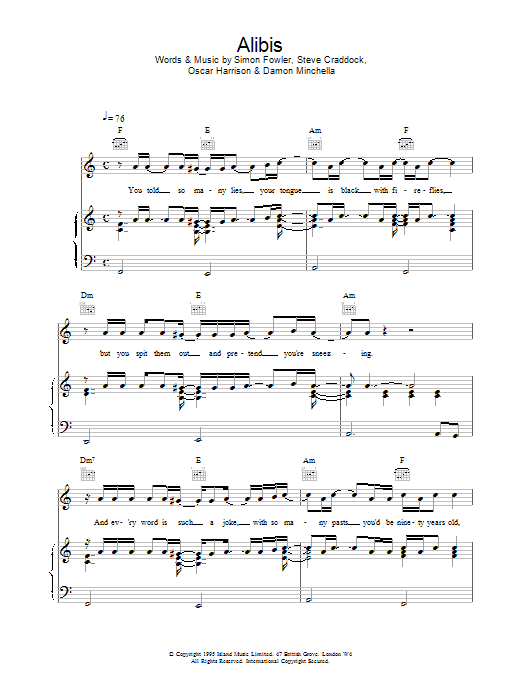 Ocean Colour Scene Alibis sheet music notes and chords arranged for Piano, Vocal & Guitar Chords