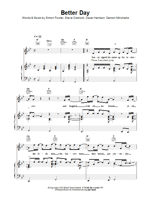 Ocean Colour Scene Better Day sheet music notes and chords arranged for Piano, Vocal & Guitar Chords