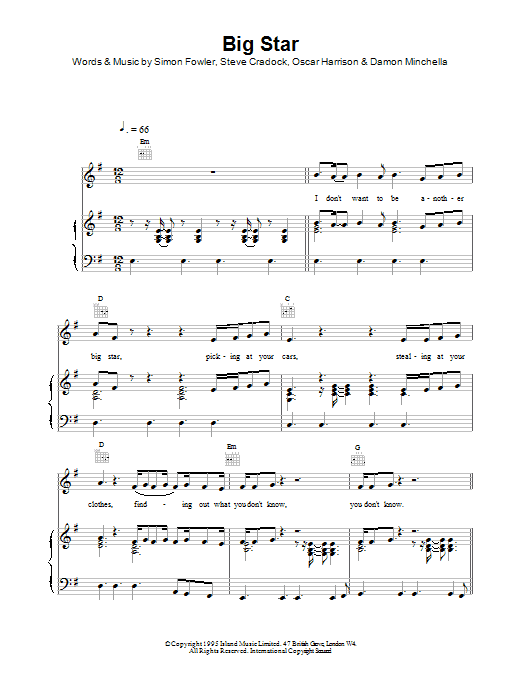 Ocean Colour Scene Big Star sheet music notes and chords arranged for Piano, Vocal & Guitar Chords