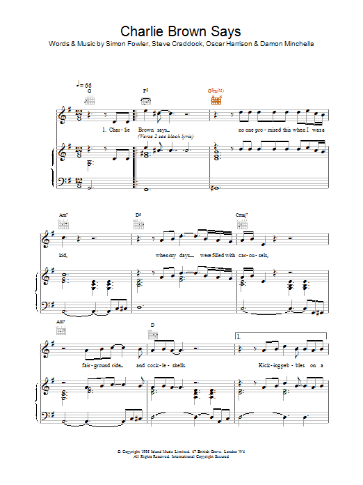 Ocean Colour Scene Charlie Brown Says sheet music notes and chords arranged for Piano, Vocal & Guitar Chords