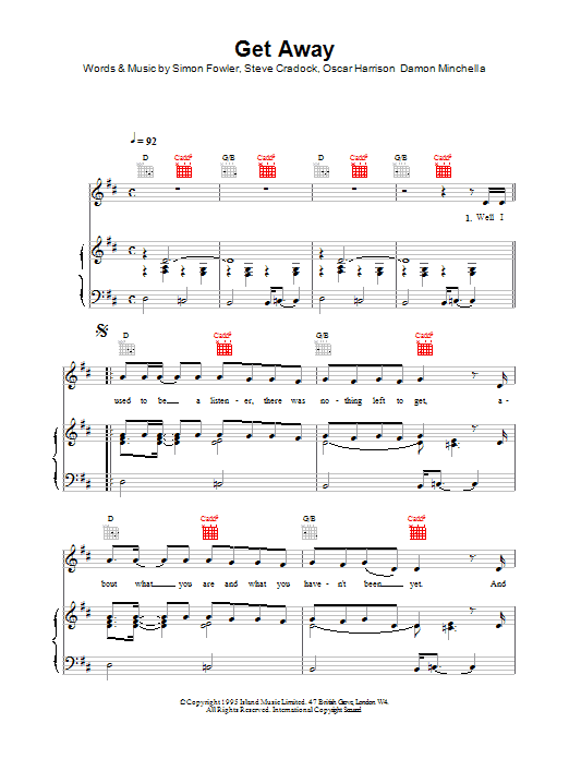 Ocean Colour Scene Get Away sheet music notes and chords arranged for Piano, Vocal & Guitar Chords