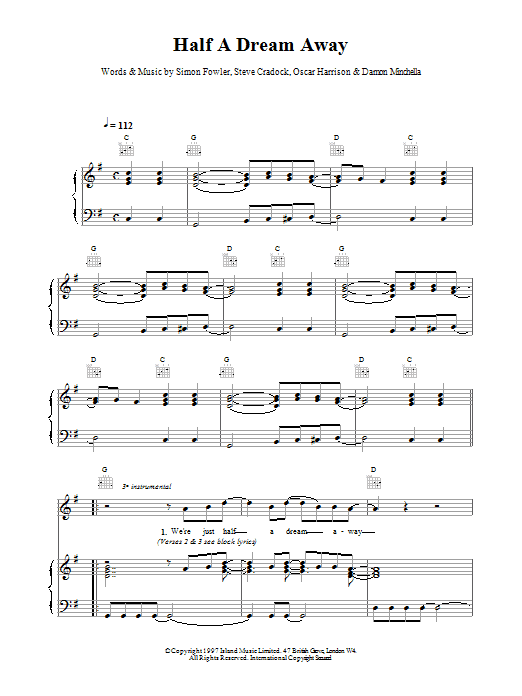 Ocean Colour Scene Half A Dream Away sheet music notes and chords arranged for Piano, Vocal & Guitar Chords
