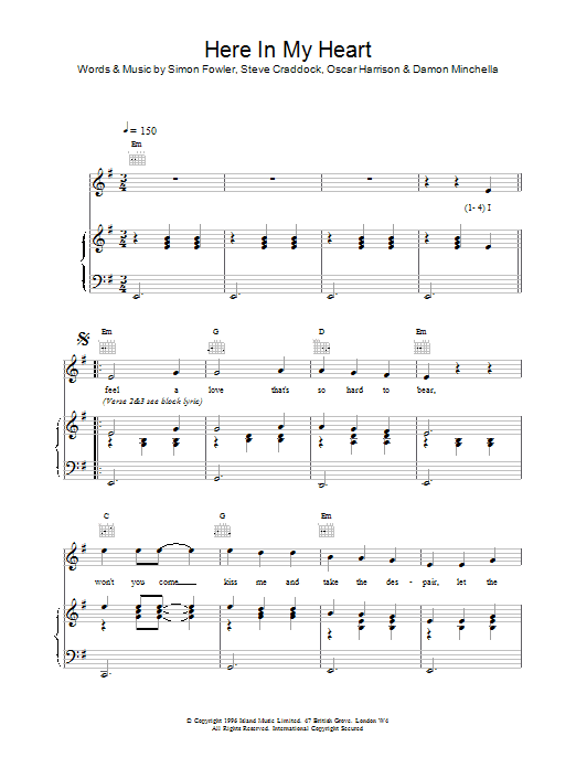 Ocean Colour Scene Here In My Heart sheet music notes and chords arranged for Piano, Vocal & Guitar Chords