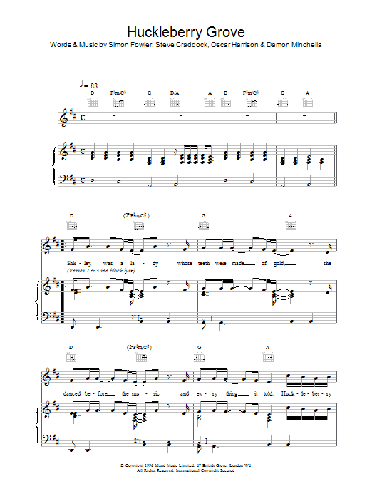 Ocean Colour Scene Huckleberry Grove sheet music notes and chords arranged for Piano, Vocal & Guitar Chords