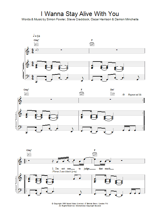 Ocean Colour Scene I Wanna Stay Alive With You sheet music notes and chords arranged for Piano, Vocal & Guitar Chords