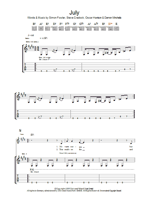 Ocean Colour Scene July sheet music notes and chords arranged for Guitar Tab